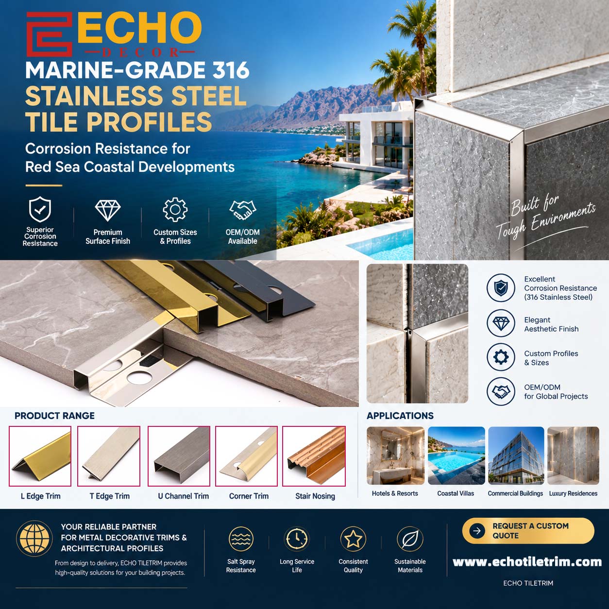 316 Stainless Steel Tile Trim Marine Grade  OEM Stainless Steel ProfilesRed Sea Development  Coastal Construction Materials  Stainless Steel Stainless Steel Tile Profiles  