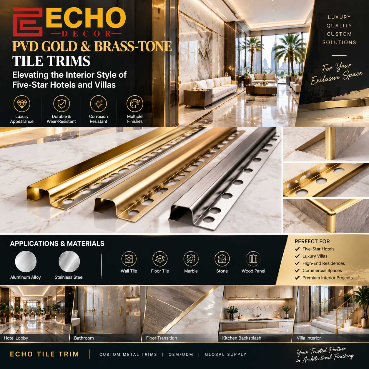 Stainless Steel Decorative Profile Luxury Interior Finishing Materials Hotel Tile Trim Supplier Villa Decoration Materials Architectural Tile Trim Manufacturer Custom Tile Trim Manufacturer Aluminum Tile Trim Supplier PVD Coated Stainless Steel Trim