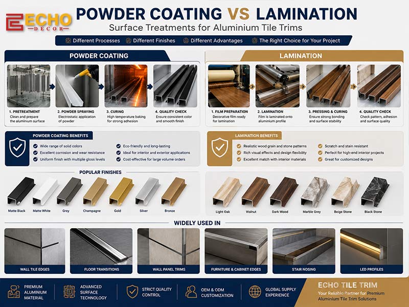 Tile Trim Surface Treatment  Powder Coated Aluminium Trim  Powder Coating Aluminium Profiles  Laminated Aluminium Trim  Aluminium Lamination  Powder Coating vs Lamination  Aluminium Tile Trim Manufacturer  Aluminium Tile Trim Supplier